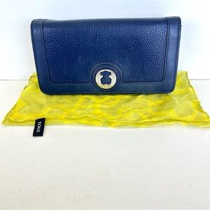 TOUS Navy Pebbled Genuine Leather Silver Bear Tous Logo Scarf and Flap Wallet